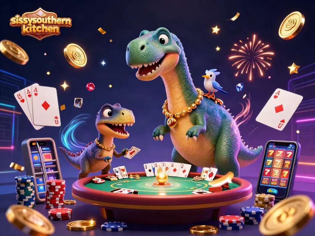 Sissyssouthernkitchen showcases a fun casino scene with colorful characters and dynamic gaming elements, highlighting vibrant energy.