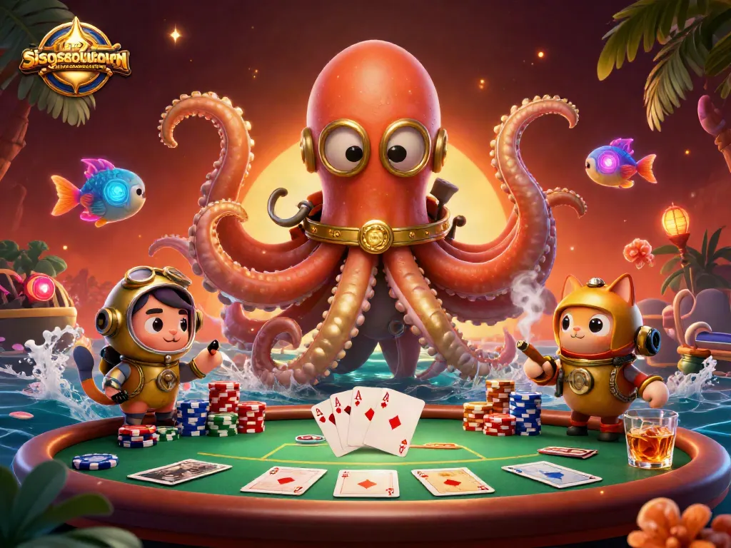Sissyssouthernkitchen showcases a vibrant 3D scene featuring a kraken and diving cat in a dynamic poker atmosphere.