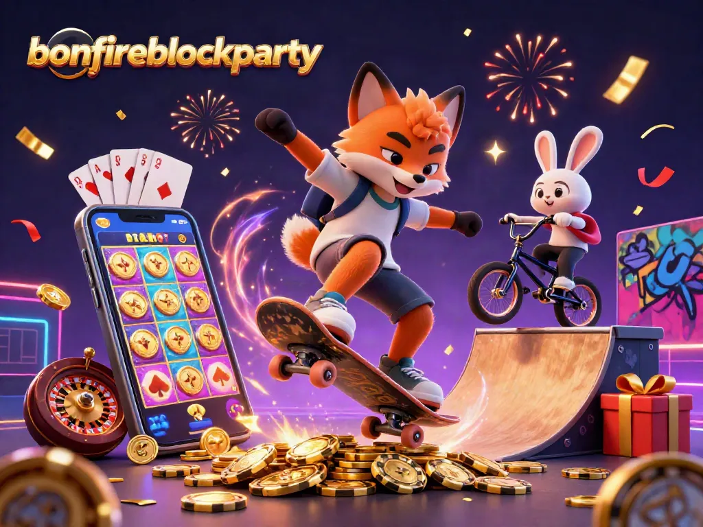 Experience the excitement of bonfireblockparty with a lively cartoon scene of gaming adventures and vibrant casino symbols.