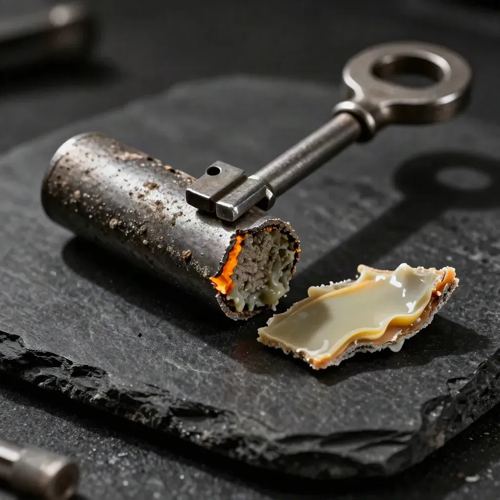 Cupón de corrosión, ánodo gastado y recubrimiento cortado sobre piedra negra.