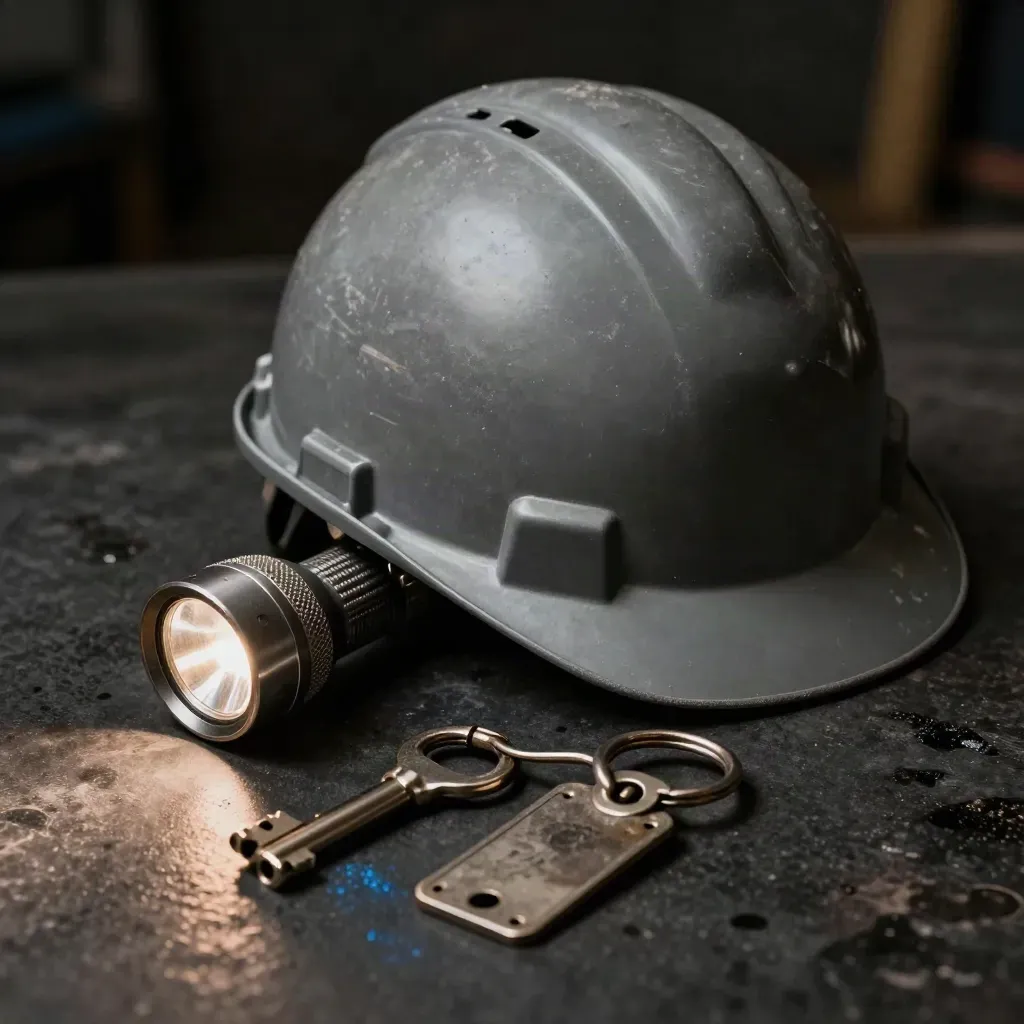 Casco gris, linterna de inspección y llavero de bloqueo sobre base oscura, con luz cálida.